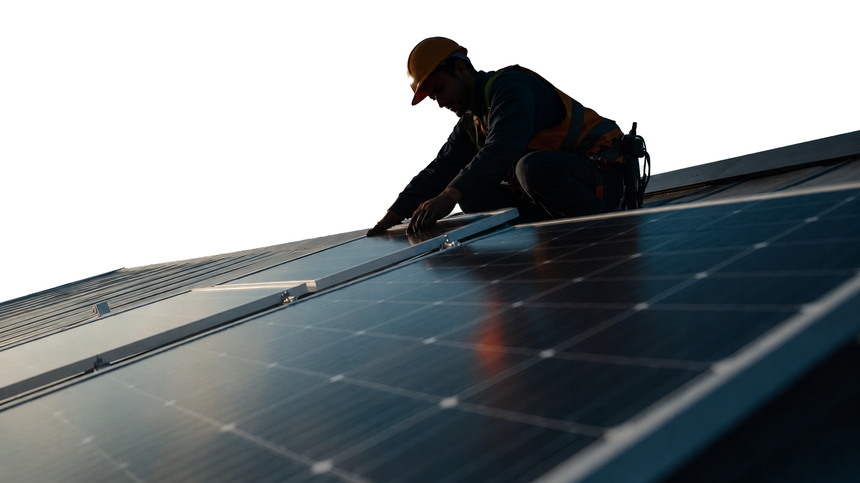 Roofer installing solar panels on a pitched residential roof, kneeling beside panels and securing mounts; overcast sky and rooftop visible, professional wearing helmet and safety harness, calm and focused mood